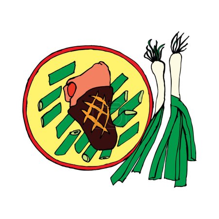 Ilustración de Delicia de carne a la parrilla con cebollas verdes y frijoles - Imagen libre de derechos
