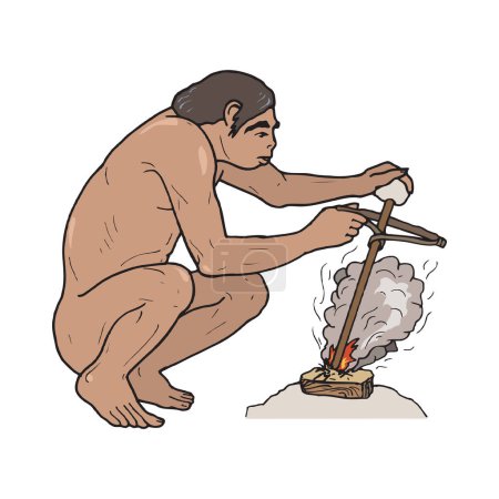 Illustration for Caveman in animal skin starting fire with wooden stick - Royalty Free Image