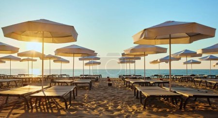 Relajarse en la playa. Una fila de sillas de playa blancas y sombrillas en una playa de arena al amanecer.