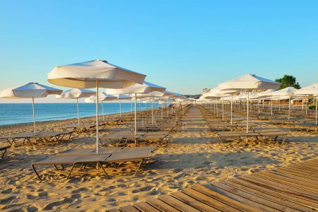 Une rangée de parasols et de chaises longues alignés sur une promenade en bois menant vers un océan tranquille, créant une scène d'escapade estivale vibrante et accueillante.