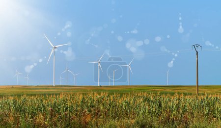 Elektrizitätswerk. Konzept Windkraftanlagen für alternative Energien. Windenergieanlagen, die hoch auf einem Maisfeld unter einem klaren blauen Himmel stehen und erneuerbare Energien und nachhaltige Landwirtschaft präsentieren.