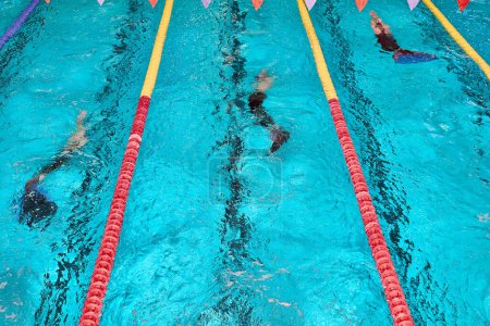 Campeonato Mundial de Natación Finlandesa. Deportes acuáticos submarinos monofín. Atletas compitiendo en la piscina azul.