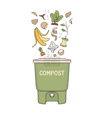 Illustration for Food and paper scraps falling into composting bin. Home composting, Organic waste recycling, Zero waste lifestyle concept - Royalty Free Image