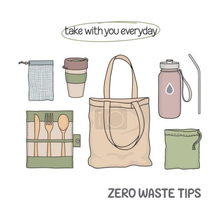 Illustration for Set of reusable items to take with you every day. Waste reduction tips. Zero waste lifestyle. No single use plastic - Royalty Free Image