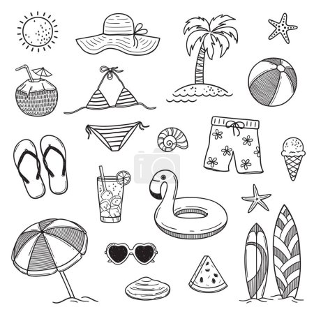 Set of summer and beach theme design elements in doodle style