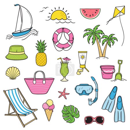 Téléchargez les illustrations : Ensemble d'éléments de gribouillage colorés d'été et de thème de plage - en licence libre de droit