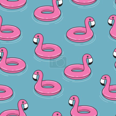 Seamless pattern with flamingo floats on water. Cute summer background. Sea or pool with swim rings