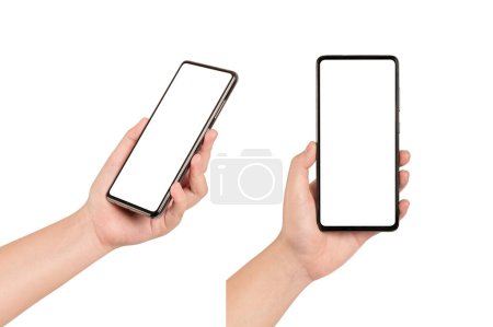Frau Hände halten leere Handy-Bildschirm isoliert weißen Hintergrund