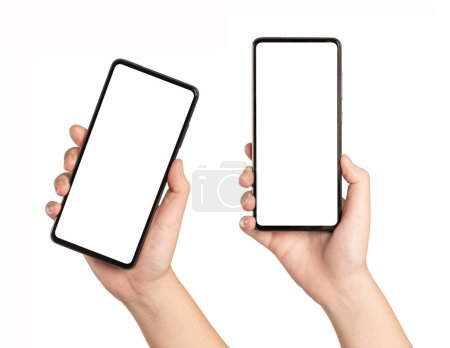 Photo for Woman hands holding mobile phone with blank screen isolated on white background - Royalty Free Image