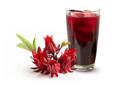 Glass roselle juice ( Jamaica sorrel)  with roselle fruits and leaves on white.