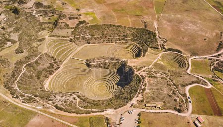 Konzentrische Terrassen Inka-Zeit Moray Urubamba-Tal Peru. Luftaufnahme der archäologischen Stätte von Moray - Inka-Ruinen mehrerer kreisförmiger Terrassen in Maras, Provinz Cusco, Peru. 