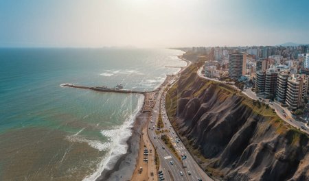 Photo for Panoramic aerial view of Lima city, in Peru. Aerial view of Miraflores district and Larcomar - Royalty Free Image