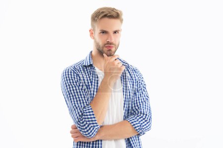 Photo for Handsome studio shot of unshaven man. young unshaven man isolated on white background. unshaven man in checkered shirt. unshaven man skincare. - Royalty Free Image