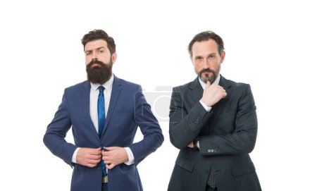 Photo for Problem solving. business meeting. team success. collaboration and teamwork. partnership of boss men on white. bearded businessmen in formal suit. mature men have own business. they have problem. - Royalty Free Image