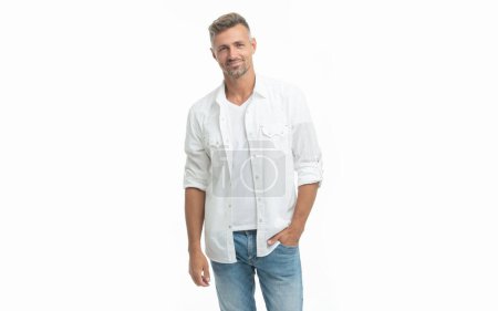 cheerful unshaven guy in white shirt. unshaven guy style. studio shot of unshaven guy. mature unshaven guy isolated on white background.