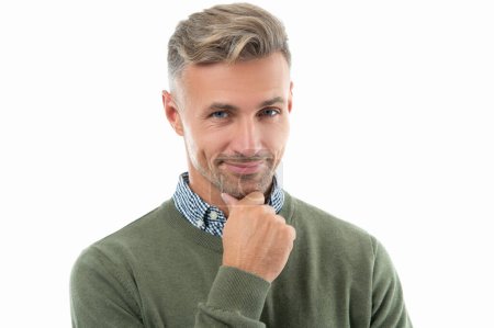 smiling unshaven man in sweater. unshaven man has stubble. studio shot of unshaven man. mature unshaven man with stubble isolated on white background.
