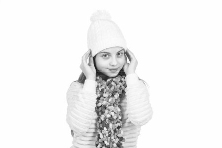 Photo for She is really cute. warm clothes. teen girl in winter clothes. childhood happiness. small kid wear knitted scarf isolated on white. child in hat and sweater. autumn fashion style. - Royalty Free Image