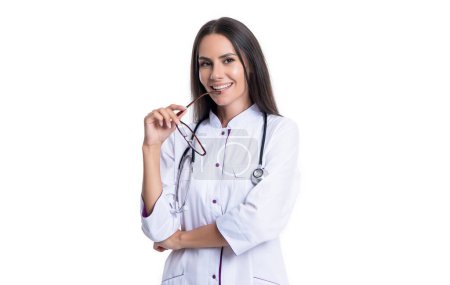 Photo for Cheerful woman cardiologist isolated on white background. cardiologist woman in studio. photo of cardiologist woman wear white coat. cardiologist woman doctor with stethoscope. - Royalty Free Image