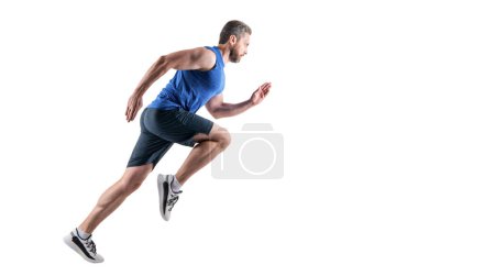 Photo for Sportsman runner running wearing sportswear, copy space. motion photo of sportsman runner running. sportsman runner running isolated on white background. sportsman runner running in studio. - Royalty Free Image
