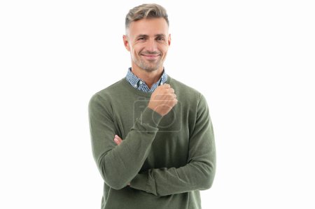studio shot of happy unshaven man. mature unshaven man with stubble isolated on white background. unshaven man in sweater. unshaven man has stubble.