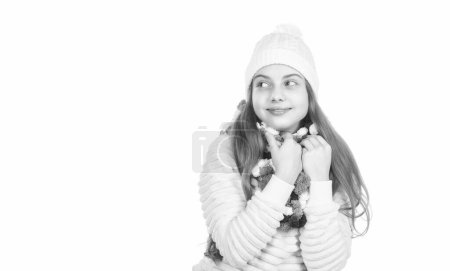 Photo for Happy teen girl in knitted hat and scarf warm clothes isolated on white copy space, winter. - Royalty Free Image