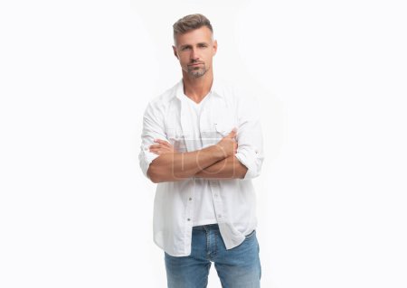 studio shot of grizzled man. mature grizzled man isolated on white background. grizzled man in white shirt. grizzled man style.