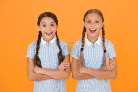Photo for Cheerful schoolgirls yellow background. Little girls. Happy childrens day. Equal protection civil rights and freedom from discrimination. Perfect schoolgirls. Schoolgirls vintage simple style outfit. - Royalty Free Image