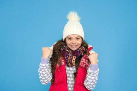 Photo for Successful kid. Stay warm and stylish. Cold winter days. Vacation time. Stay active during season. Kid wear knitted warm clothes. Winter vibes. Youth street fashion. Winter fun. Feeling good. - Royalty Free Image