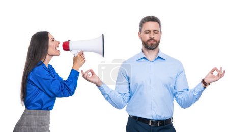 stressed businesspeople shouting and meditating isolated on white. studio shot of stressed businesspeople shouting and meditating. shouting businesspeople in loudspeaker. stressed employee meditating.