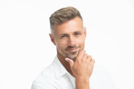 smiling mature unshaven guy portrait isolated on white background. face of unshaven guy in white shirt. portrait of unshaven guy style. studio shot of unshaven guy face.