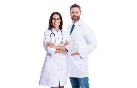 Photo for Cheerful cardiologist doctor and nurse isolated on white. cardiologist doctor and nurse in studio. photo of cardiologist doctor and nurse in white coat. doctor cardiologist and nurse with stethoscope. - Royalty Free Image