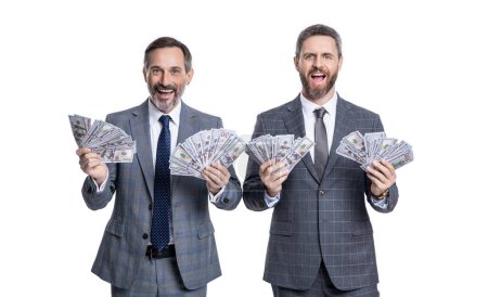 millionaire men smile hold money dollar. photo of millionaire men hold money. millionaire men hold money isolated on white background. millionaire men hold money in studio.
