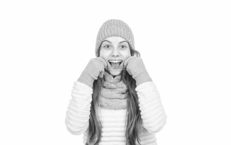 Photo for Happy kid in knitted hat scarf and gloves warm clothes isolated on white, knitwear. - Royalty Free Image
