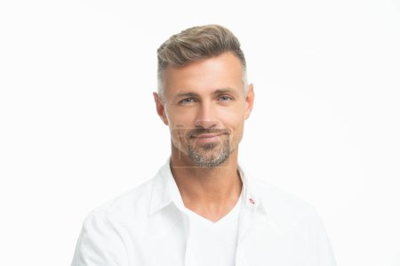 portrait of cheerful unshaven guy style. studio shot of unshaven guy face. mature unshaven guy portrait isolated on white background. face of unshaven guy in white shirt.
