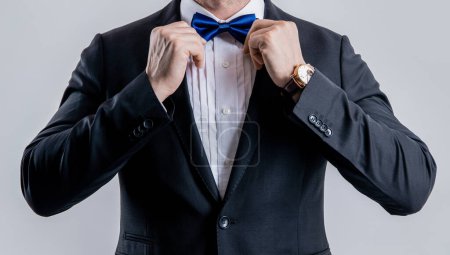 Photo for Man in tux isolated on white background with cropped view. tux man in studio. photo of man wearing tux. man wear tux formal suit. - Royalty Free Image