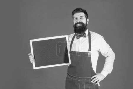 Photo for Welcome back-to-school. Happy man hold blackboard. Back-to-school. Vocational education. Barber school. Open day, copy space. - Royalty Free Image
