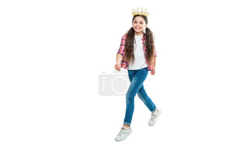 childhood of girl in crown walk isolated on white, copy space. childhood of girl in crown in studio. childhood of girl in crown on background. photo of girl in crown, childhood concept.