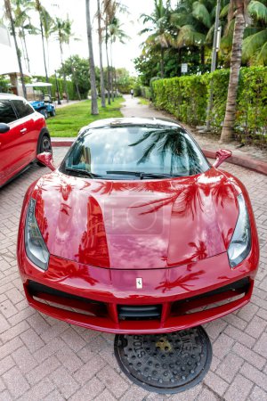 Photo for Miami Beach, Florida USA - April 18, 2021: red Ferrari 488 GTB, front view high angle. - Royalty Free Image