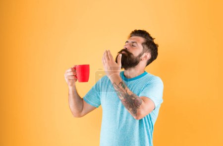 Photo for Understand value taste really great cup of coffee. Coffee shop. Bearded man satisfied drink morning coffee. Energy concept. Hipster stylish barista yellow background. Herbal tea. Aromatic beverage. - Royalty Free Image