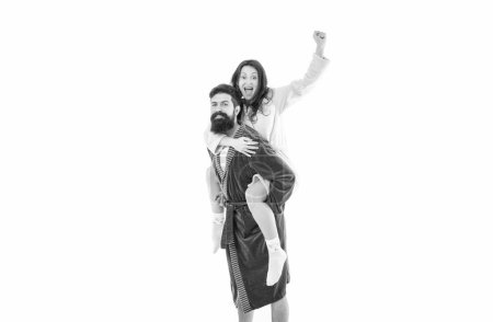 Photo for Yippee. Happy woman ride piggy-back on man. Happy couple enjoy fun. Playful lovers. Family in morning. Romance. Enjoying romantic relationship. - Royalty Free Image