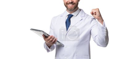 Photo for Telehealth doctor make winning geture crop view. Happy man doctor using laptop isolated on white. Ehealth. Telehealthcare services. Telemedicine. - Royalty Free Image