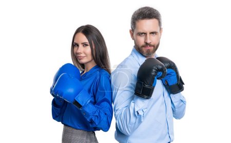 Photo for Businesspeople rivalry isolated on white. businesspeople rivalry in studio. businesspeople rivalry on background. photo of businesspeople rivalry wear boxing gloves. - Royalty Free Image