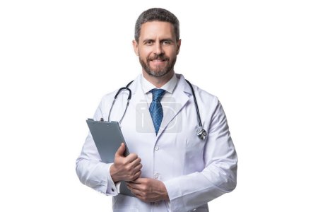 cheerful internist with anamnesis in studio. internist with anamnesis on background. photo of internist with anamnesis. internist with anamnesis isolated on white.