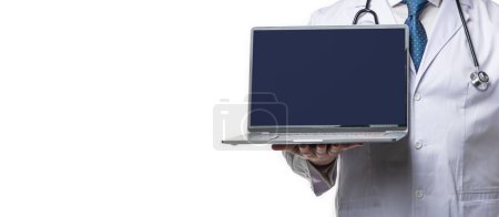 Photo for Cropped view of doctor presenting emedicine on background, banner. photo of emedicine and doctor man with laptop. doctor promoting emedicine isolated on white. doctor offering emedicine in studio. - Royalty Free Image