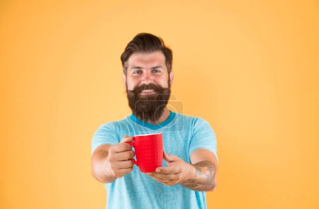 Photo for Hipster stylish barista yellow background. Herbal tea. Aromatic beverage. Understand value taste really great cup of coffee. Coffee shop. Bearded man satisfied drink morning coffee. Energy concept. - Royalty Free Image