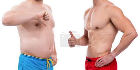Nahaufnahme von vor Fettleibigkeit nach dem Abnehmen vergleichen isoliert auf weiß. vor Fettleibigkeit nach dem Abnehmen von Männern im Studio. abgeschnittene Ansicht von Männern mit vorheriger Fettleibigkeit nach dem Abnehmen.
