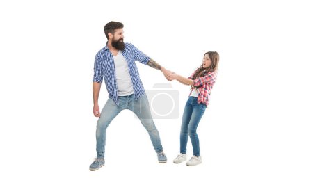 Photo for Misunderstanding and protest. Stay your position. Father kid moving opposite directions. Difficulties being father of teenager. Girl and dad problem relations. Opposite opinion. Opposite direction. - Royalty Free Image