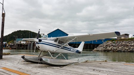 Photo for Wrangell, Alaska USA - May 31, 2019: Cessna 172 biplane aircraft at pier. - Royalty Free Image