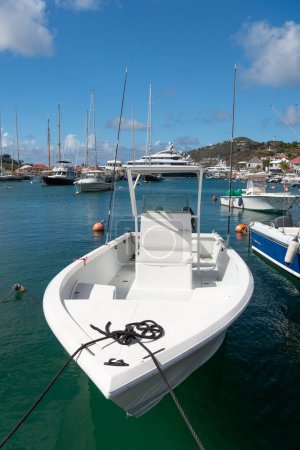 Photo for St Barts, French West Indies- January 25, 2016: yacht docked in the summer port. - Royalty Free Image