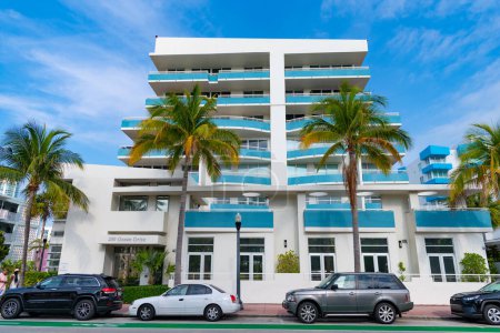 Miami, Florida USA - April 18, 2021: Miami south beach ocean drive architecture building in downtown miami street.